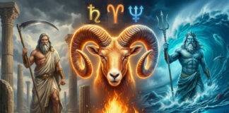 Conjuncția Saturn-Neptun în Berbec (2026): startul unei noi paradigme colective Ilustrație astrologică a conjuncției Saturn Neptun în Berbec, cu simbolurile planetare și temele transformării colective