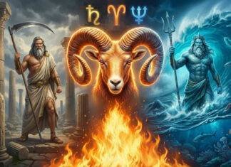 Conjuncția Saturn-Neptun în Berbec (2026): startul unei noi paradigme colective Ilustrație astrologică a conjuncției Saturn Neptun în Berbec, cu simbolurile planetare și temele transformării colective