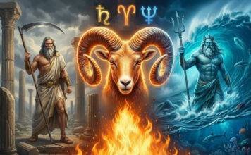 Conjuncția Saturn-Neptun în Berbec (2026): startul unei noi paradigme colective Ilustrație astrologică a conjuncției Saturn Neptun în Berbec, cu simbolurile planetare și temele transformării colective