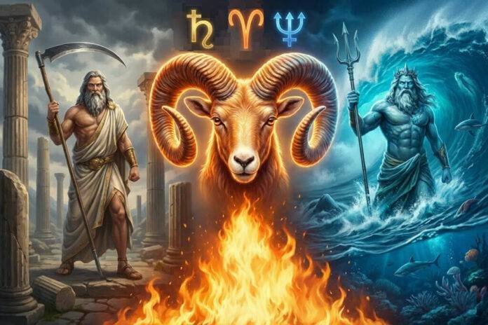 Conjuncția Saturn Neptun în Berbec – arhetipurile unui nou ciclu astrologic Ilustrație astrologică a conjuncției Saturn Neptun în Berbec, cu simbolurile planetare și temele transformării colective