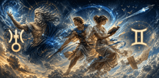 Uranus în Gemeni (2025–2033): semnificații, previziuni și impact personal și global O reprezentare modernă a lui Ouranus, zeul Cerului și a Gemenilor - Fratele și Sora, intr-o repreznetare dinamica menită sa simbolizeze interactiunea astrologica a lui Uranus cu zodia Gemeni