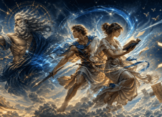 Uranus în Gemeni (2025–2033): semnificații, previziuni și impact personal și global O reprezentare modernă a lui Ouranus, zeul Cerului și a Gemenilor - Fratele și Sora, intr-o repreznetare dinamica menită sa simbolizeze interactiunea astrologica a lui Uranus cu zodia Gemeni