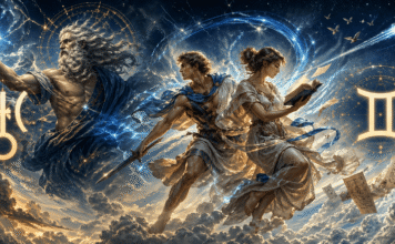 Uranus în Gemeni (2025–2033): semnificații, previziuni și impact personal și global O reprezentare modernă a lui Ouranus, zeul Cerului și a Gemenilor - Fratele și Sora, intr-o repreznetare dinamica menită sa simbolizeze interactiunea astrologica a lui Uranus cu zodia Gemeni