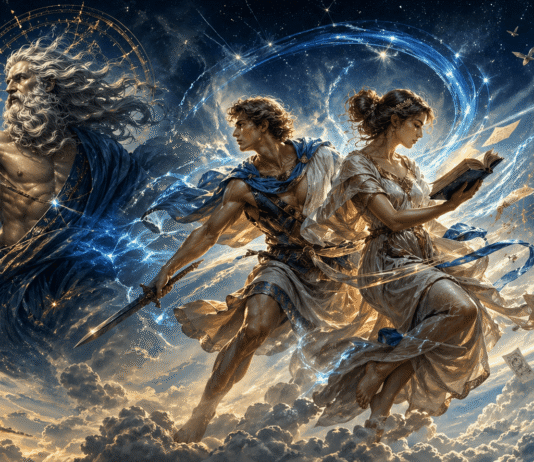 Uranus în Gemeni (2025–2033): semnificații, previziuni și impact personal și global O reprezentare modernă a lui Ouranus, zeul Cerului și a Gemenilor - Fratele și Sora, intr-o repreznetare dinamica menită sa simbolizeze interactiunea astrologica a lui Uranus cu zodia Gemeni