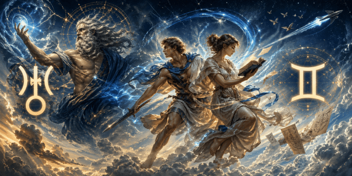 O reprezentare modernă a lui Ouranus, zeul Cerului și a Gemenilor - Fratele și Sora, intr-o repreznetare dinamica menită sa simbolizeze interactiunea astrologica a lui Uranus cu zodia Gemeni